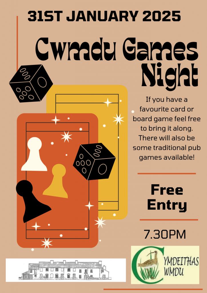 Deatails of Games Night 31st Jan @ Cwmdu Inn